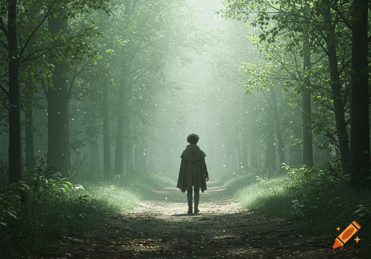 A solitary person in a dark cloak walks away down a misty, sunlit path through a lush green forest.