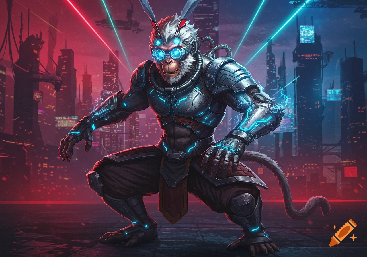 A powerful, armored Wukong-like monkey with glowing blue techno goggles and armor crouches in a futuristic cyberpunk city lit by neon red and blue.