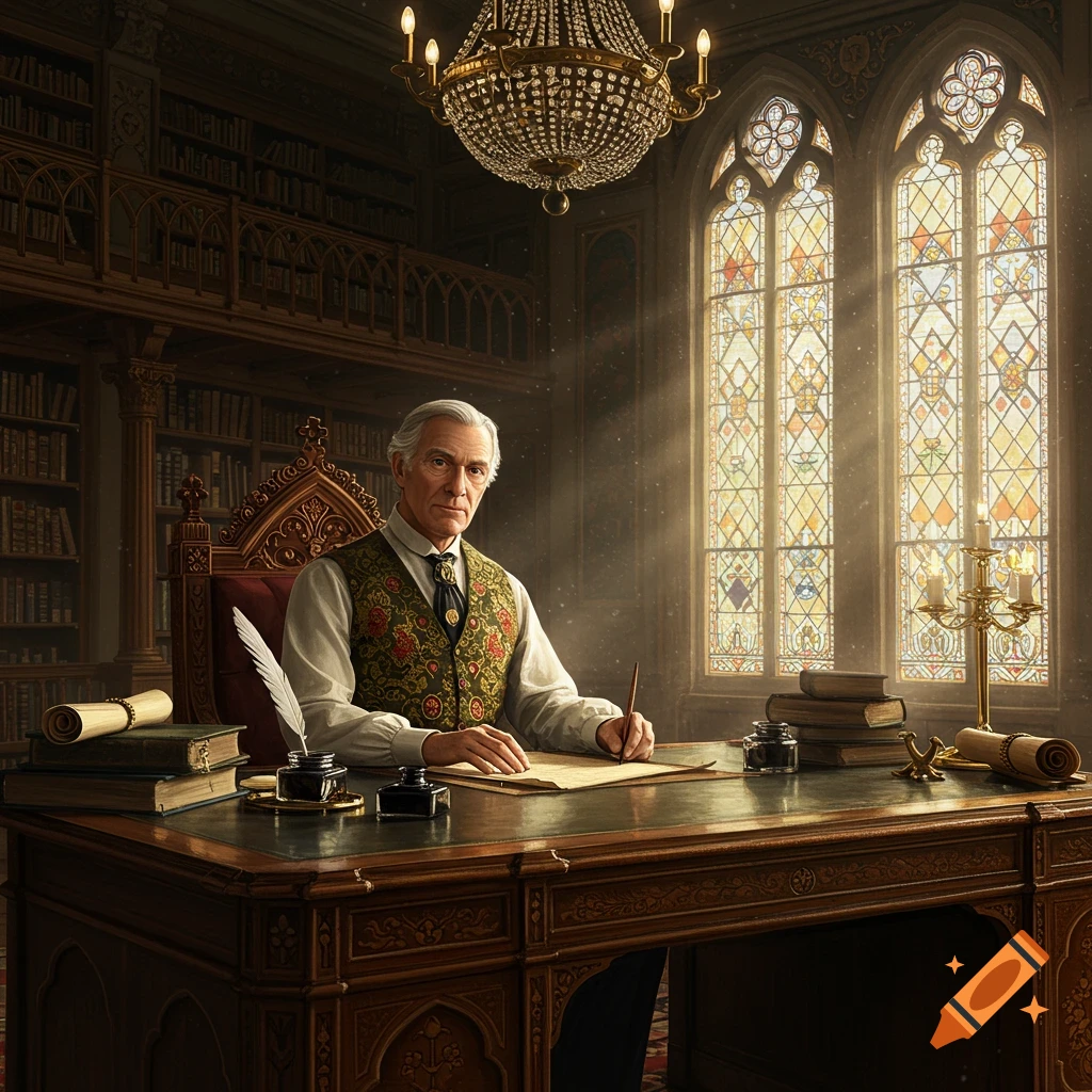 An elderly man in a patterned vest writes with a quill at a wooden desk in a grand library with stained-glass windows.
