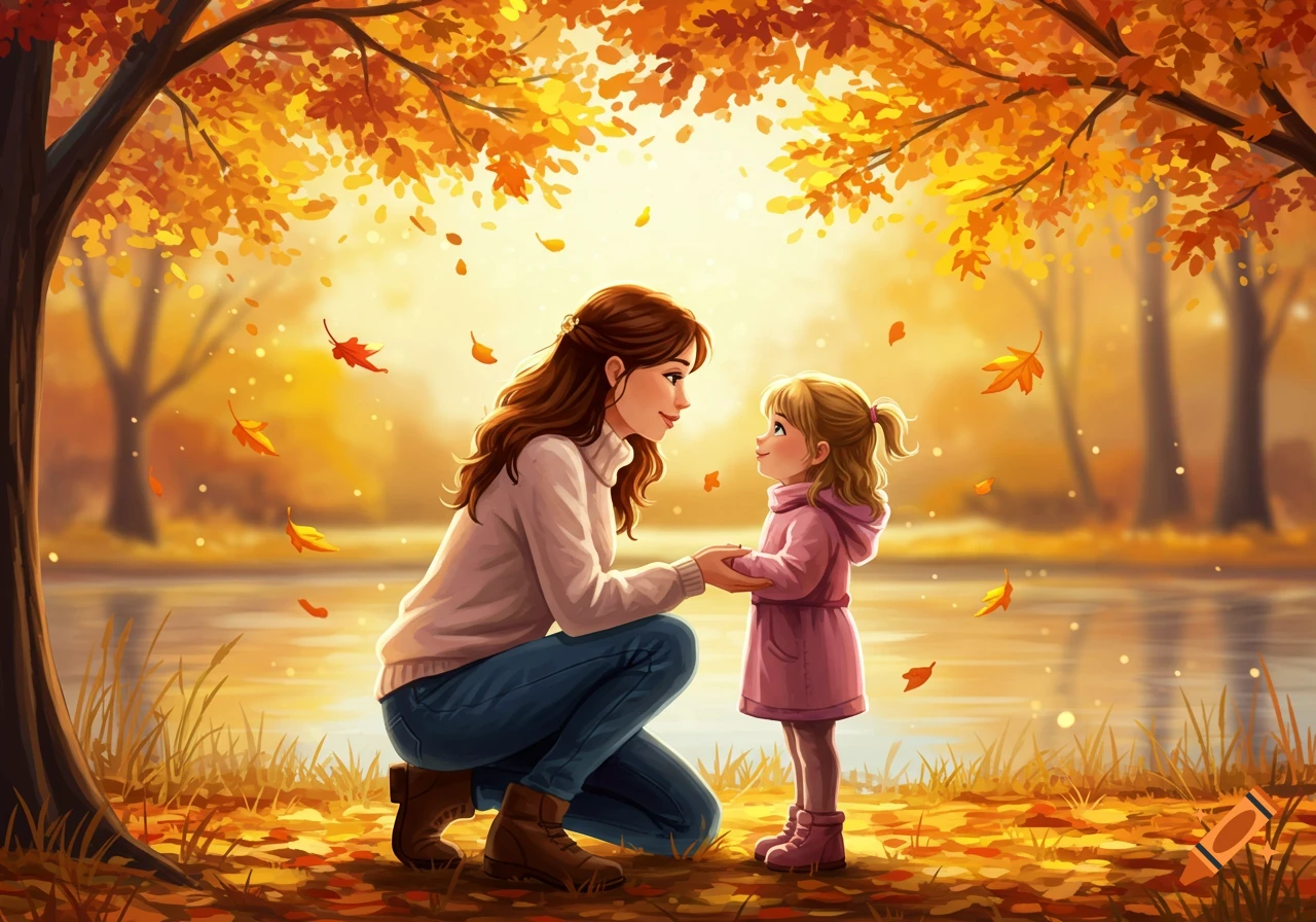 Illustrated mother kneeling and holding hands with her daughter in an autumn park with falling golden leaves and warm light.