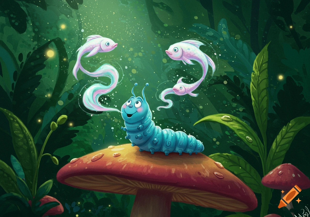 A whimsical blue caterpillar smokes fish-shaped vapor on a red mushroom in an enchanted, glowing green forest. Cartoon style.