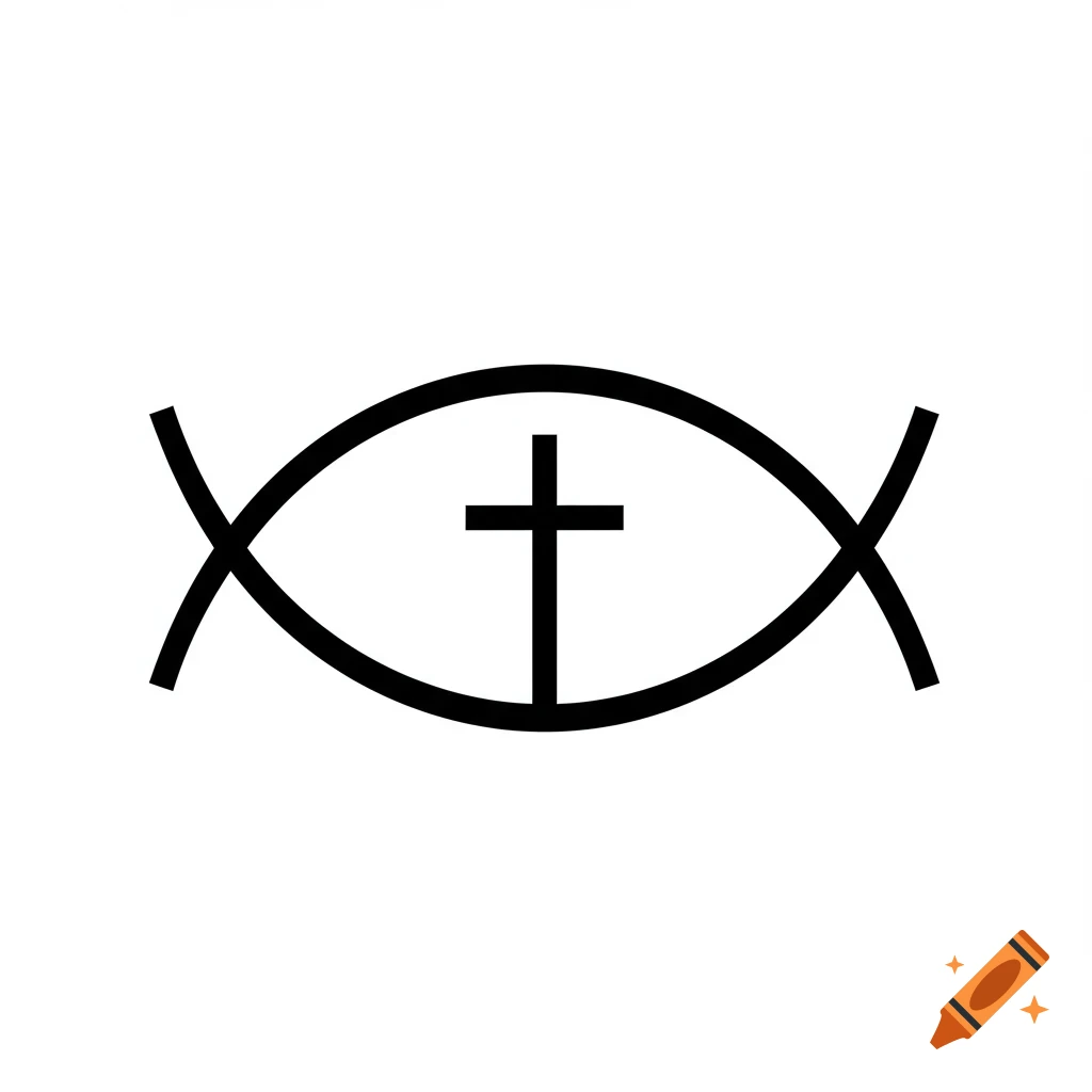 A black Christian ichthys fish symbol with a cross inside, centered on a white background.