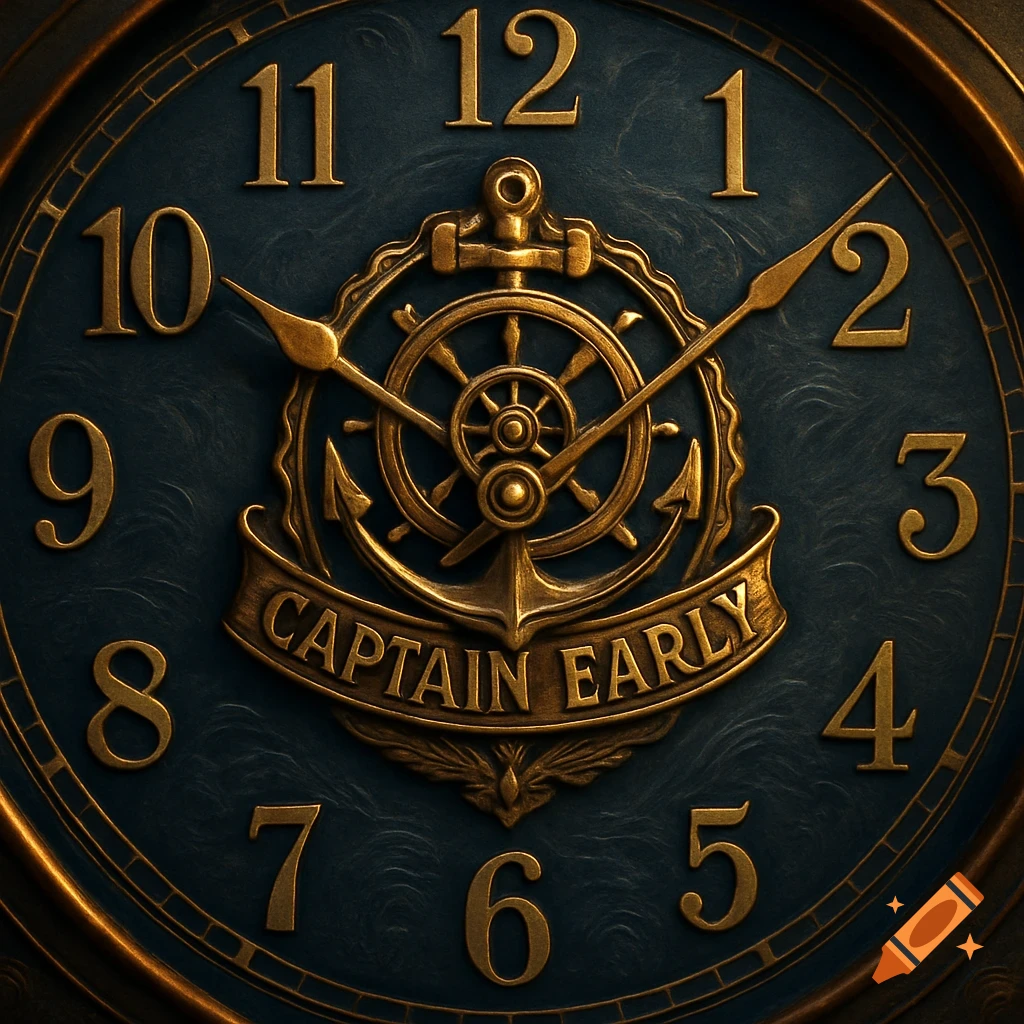 A golden, ornate clock face with a ship's wheel, anchor, and 'CAPTAIN EARLY' text.