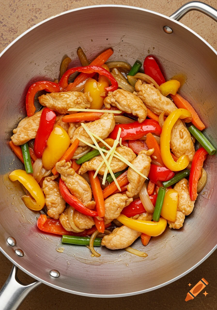 Overhead of vibrant stir-fried chicken, bell peppers, carrots, onions, and ginger in a metal wok, shot with professional lighting.