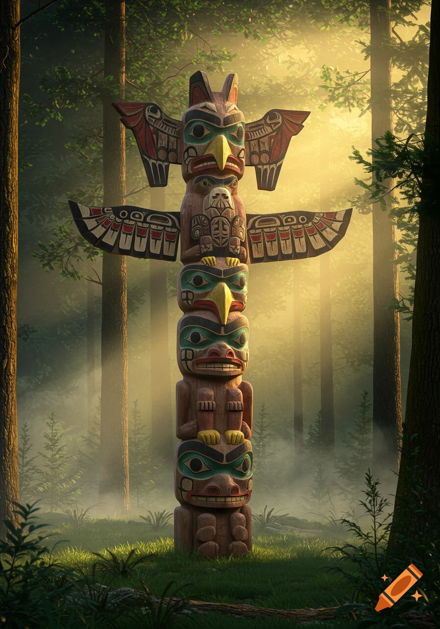 A richly carved, colorful totem pole stands tall in a sunlit, misty forest with tall trees and lush green ground.