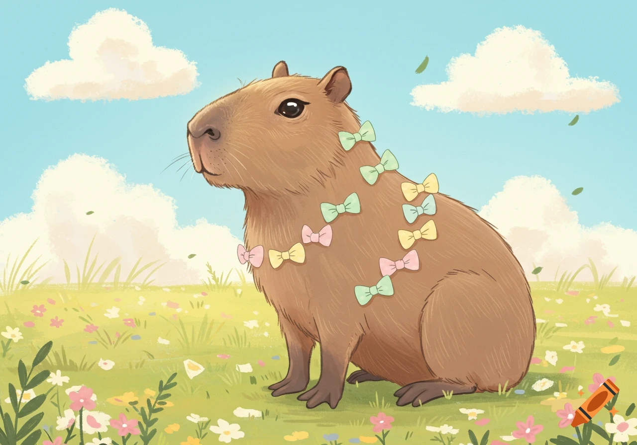 A cartoon capybara adorned with pastel bows sits in a grassy field with wildflowers under a blue sky with clouds.