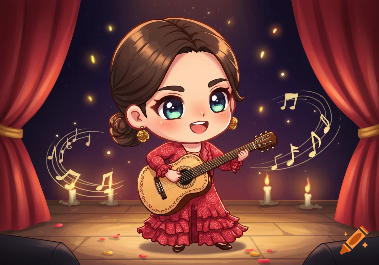 A cute chibi anime girl with brown hair, wearing a red ruffled dress, plays an acoustic guitar on a stage with candles and red curtains, surrounded by musical notes.
