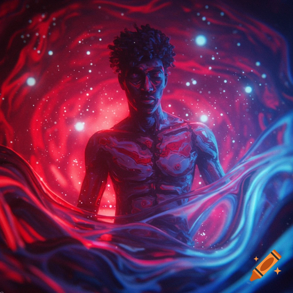 A dark-skinned figure with curly hair, glowing red and blue, surrounded by swirling cosmic energy and stars in a vibrant digital art style.