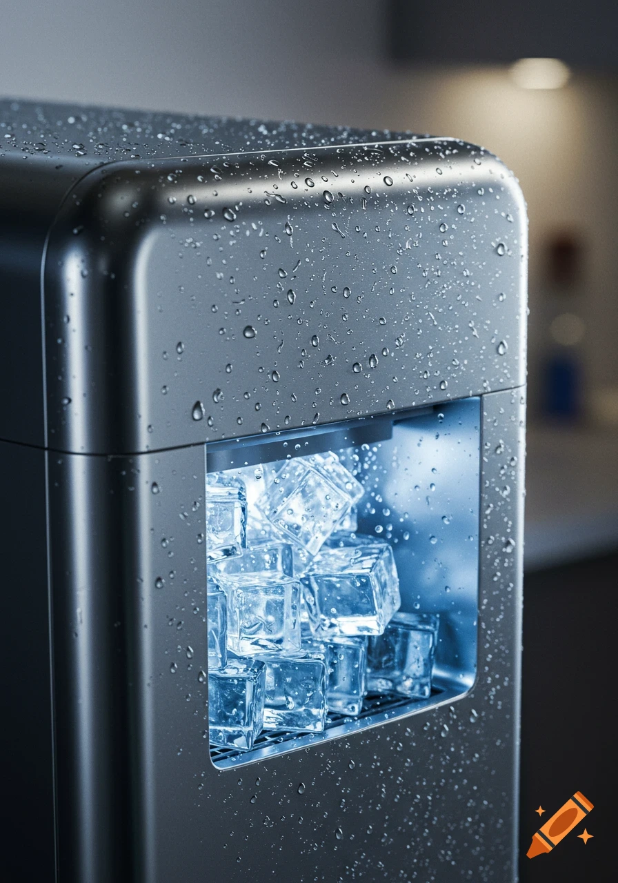 Close-up of a modern, dark metallic ice maker covered in water droplets, dispensing illuminated ice cubes.