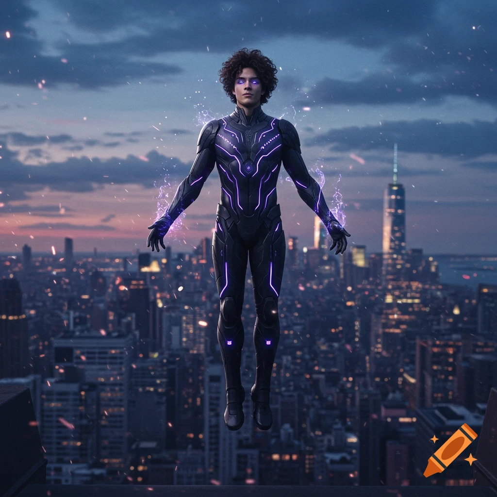Young man in black and violet glowing suit hovers above futuristic New York City skyline at dusk, surrounded by swirling magical energy.