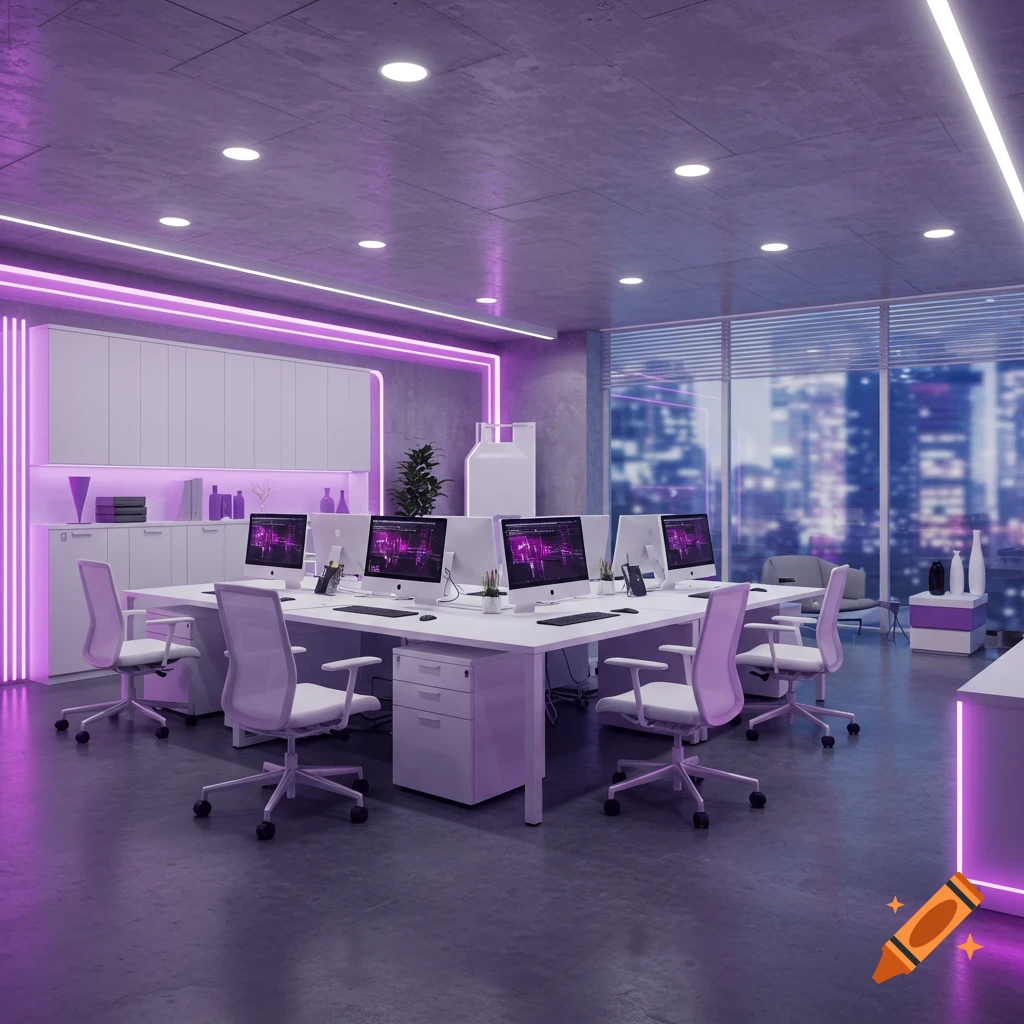 A modern office room with white desks, purple chairs, and multiple computers, illuminated by purple neon lights and ceiling lights, with a city skyline visible through a large window.