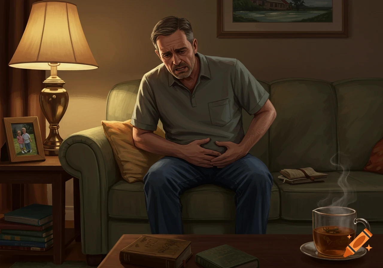 A middle-aged man sits on a living room couch, clutching his stomach in discomfort, with a cup of steaming tea on the table.