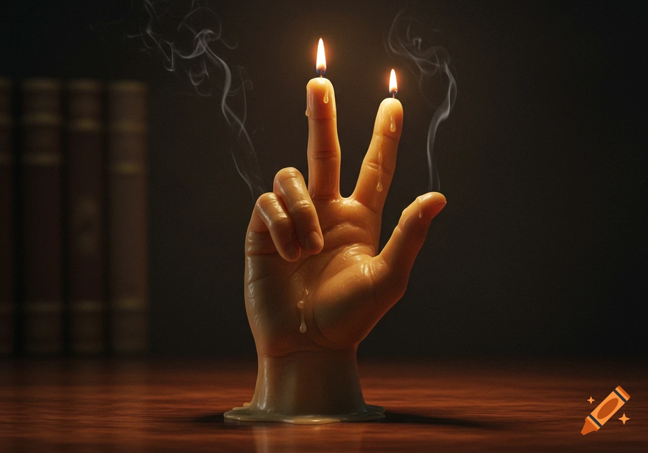 A photorealistic close-up of a hand-shaped candle making the Vulcan salute, with two fingers lit, dripping wax on a wooden table.