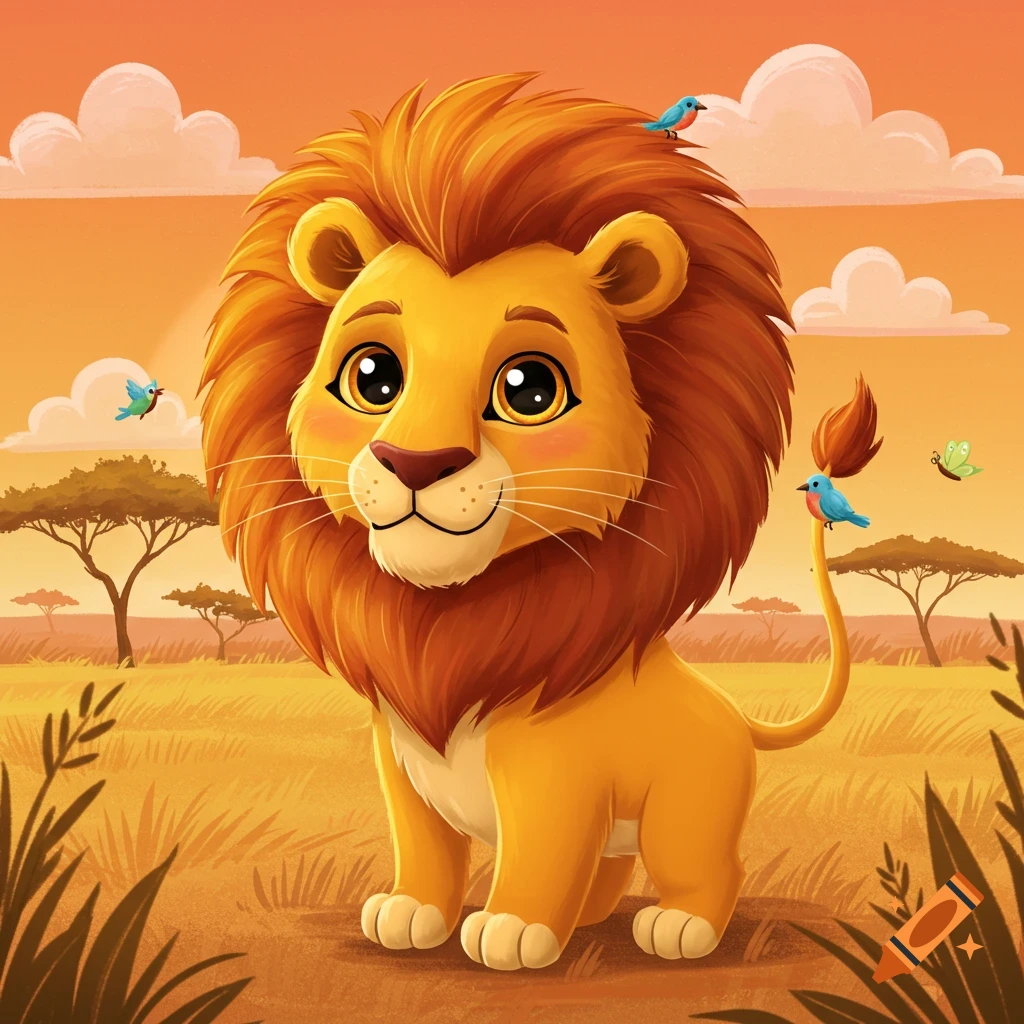 A cute cartoon lion with a big mane sits in a golden savanna with acacia trees, small birds, and a butterfly under an orange sky.