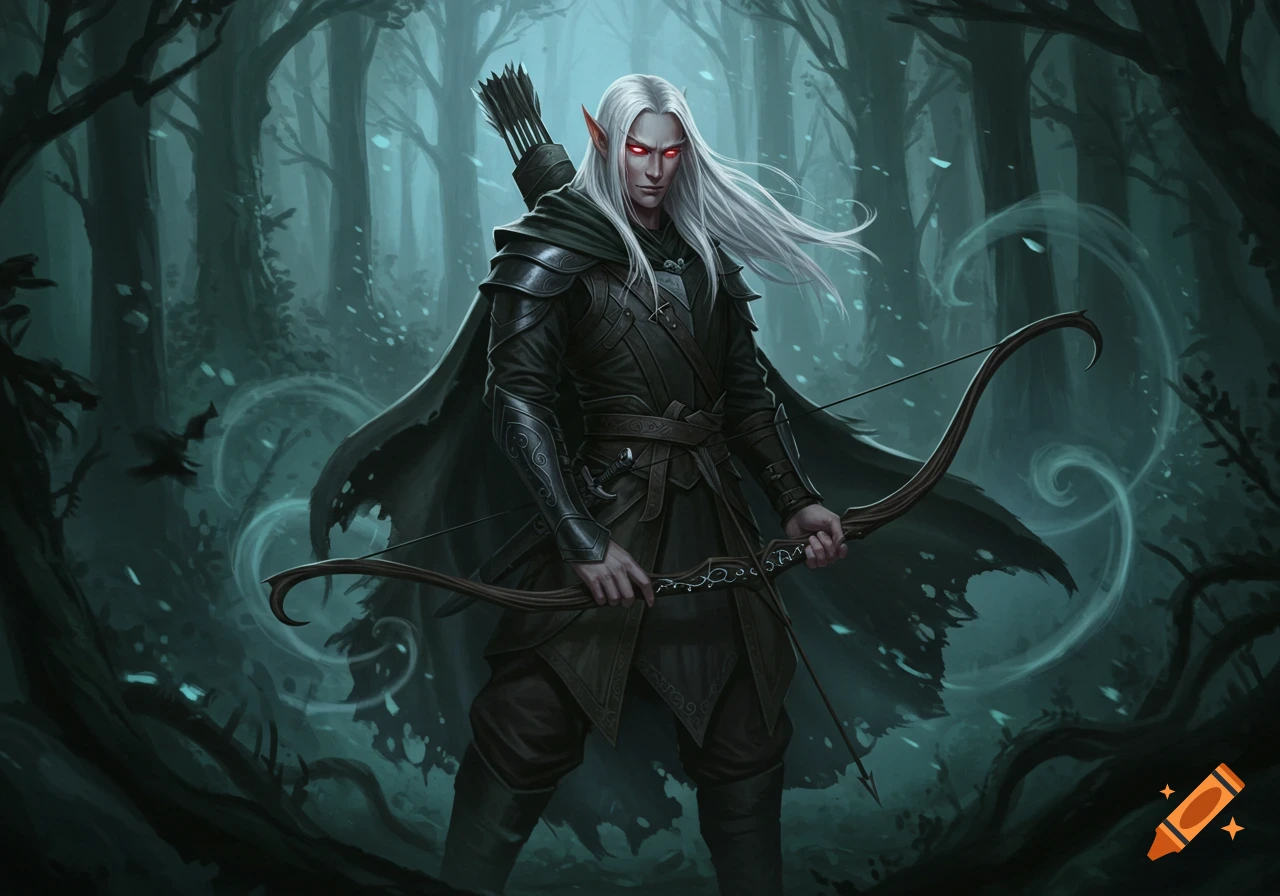 A mysterious white-haired elf archer with piercing red eyes stands in a dark, misty forest, holding a longbow.