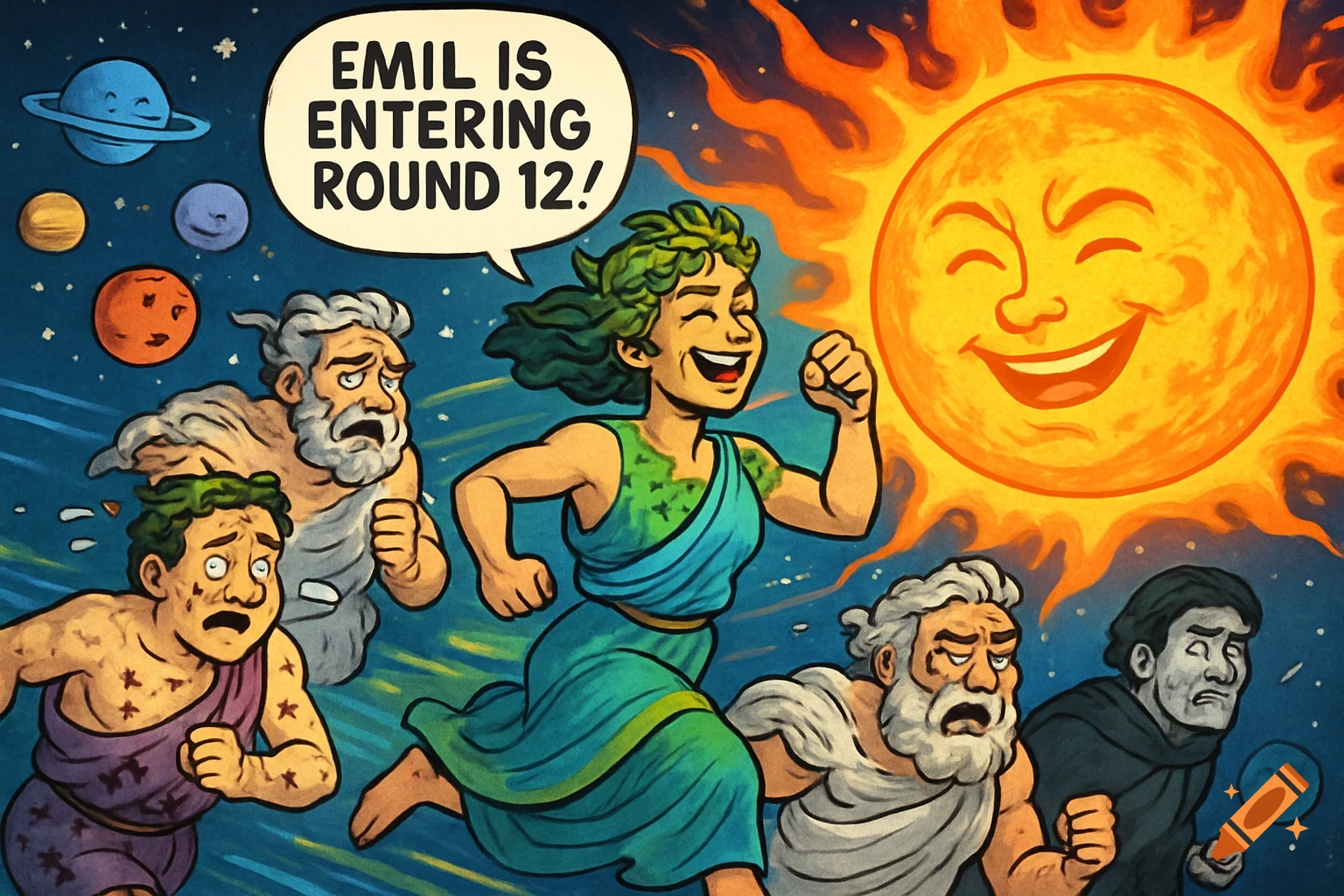Happy personified Earth runs past tired Greek god-like planets and a smiling sun in space, with a speech bubble saying 'EMIL IS ENTERING ROUND 12!' in a comic style.