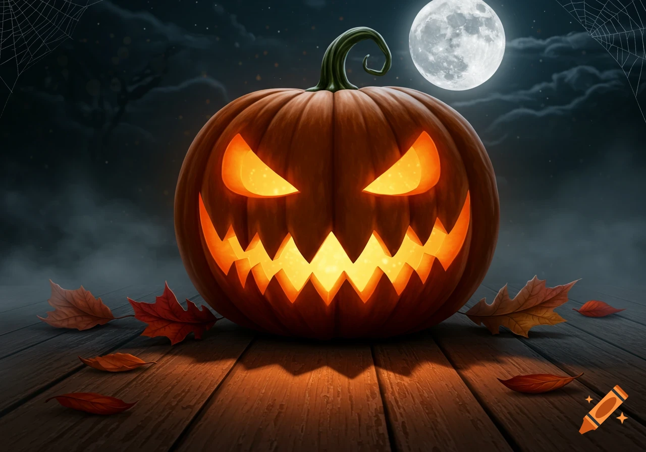 A glowing jack-o'-lantern with menacing eyes and teeth sits on wooden planks with autumn leaves under a full moon and spider webs at night.