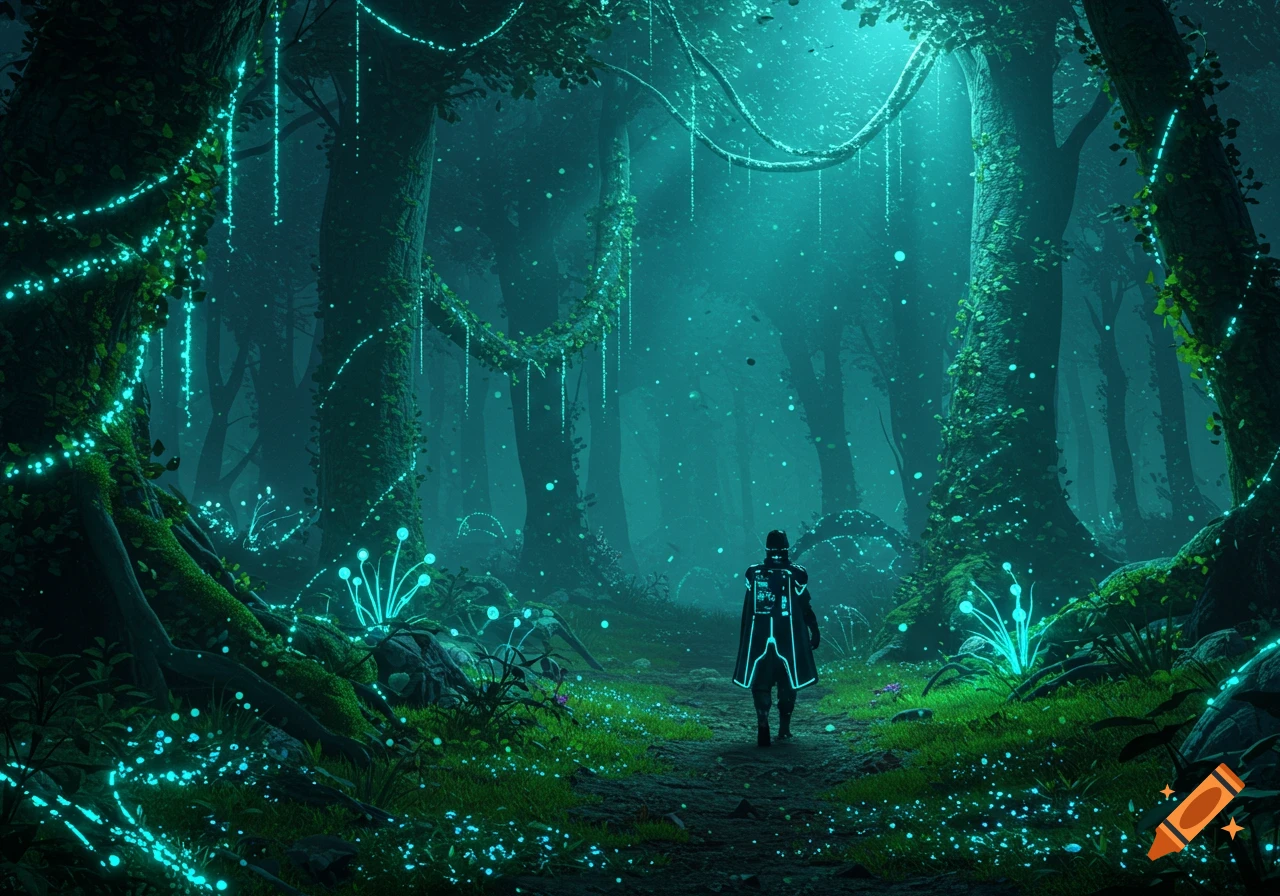 A person in a futuristic suit walks away on a path through a mystical forest with glowing blue plants and vines, digital art.