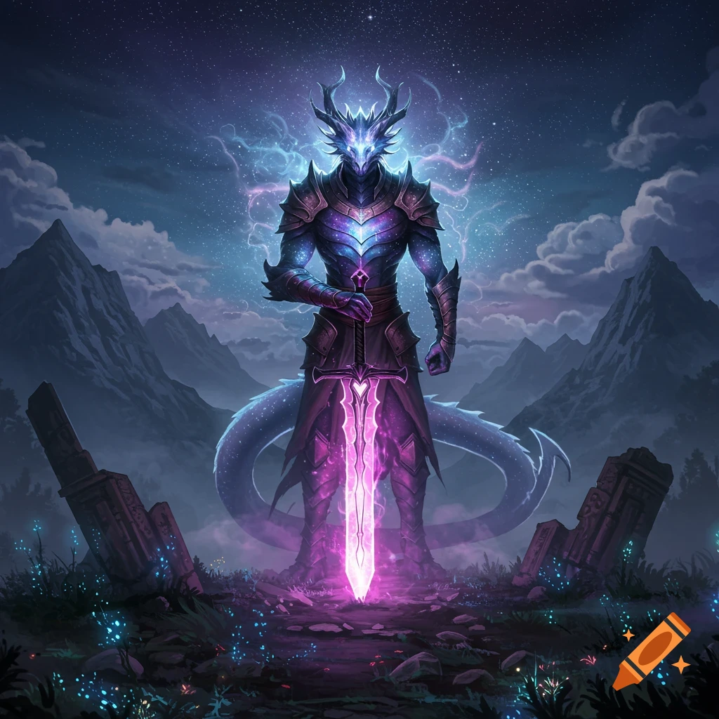 A cosmic dragon-knight in dark armor holding a glowing purple sword, standing in a mountain landscape under a starry night sky.