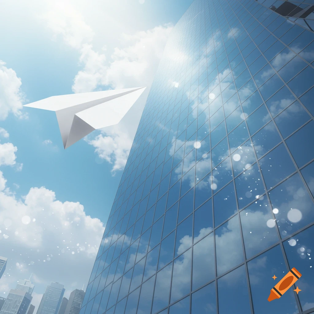 A white paper airplane flies upwards past a modern glass skyscraper reflecting a blue sky with clouds and sun.