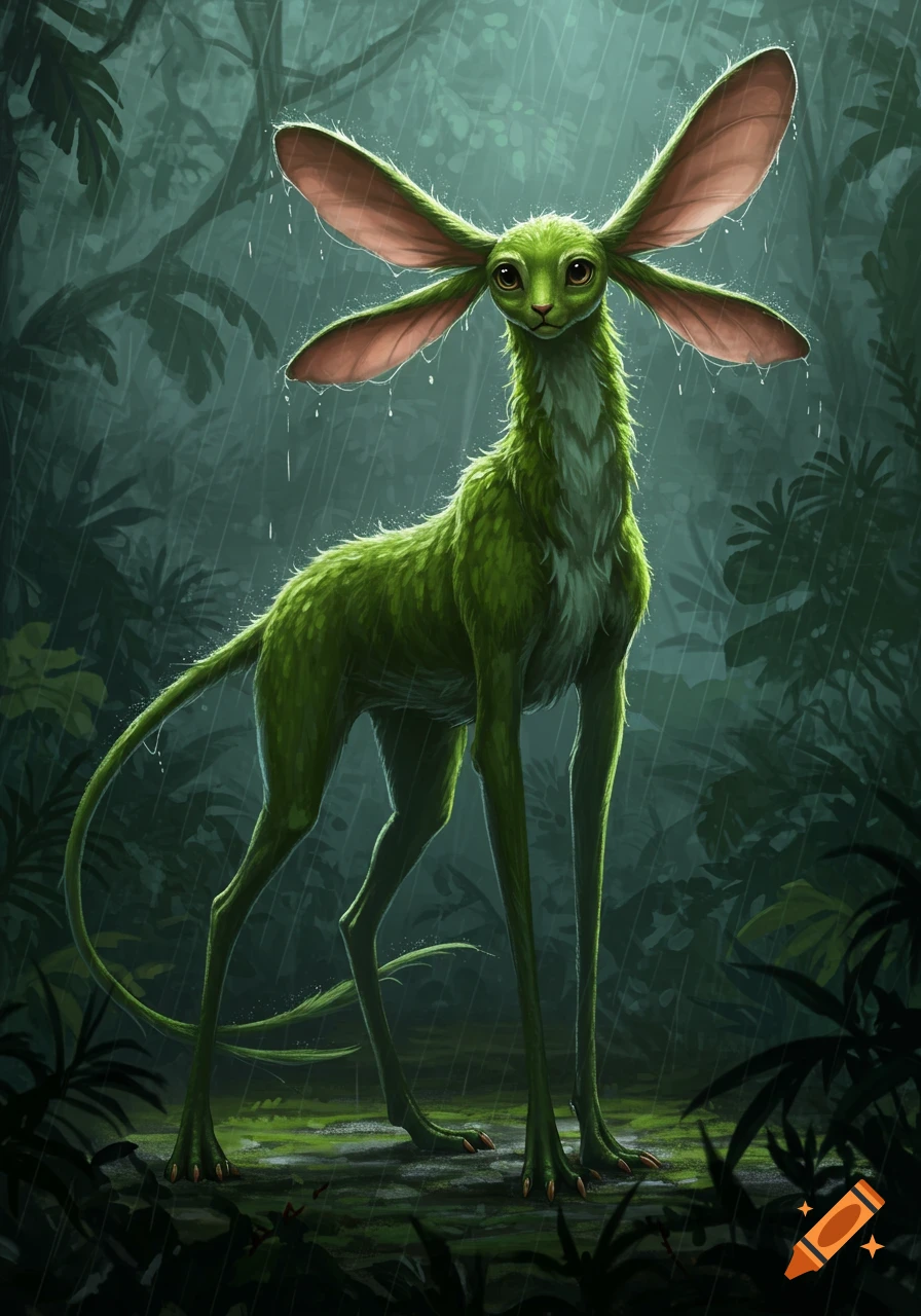 A furry green creature with huge ears, long legs, small eyes, and long nails stands in a rainy jungle.