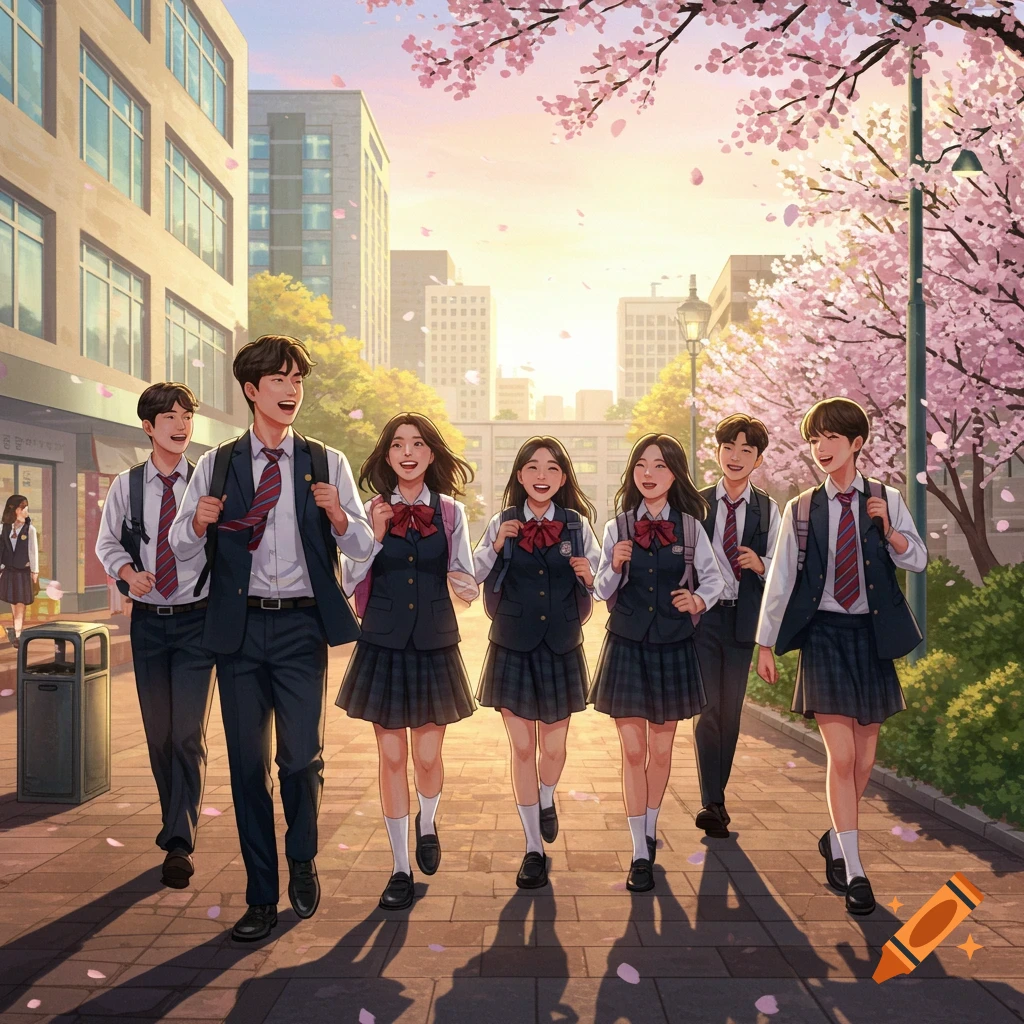 Happy Korean students in school uniforms walk under cherry blossom trees in an anime illustration.