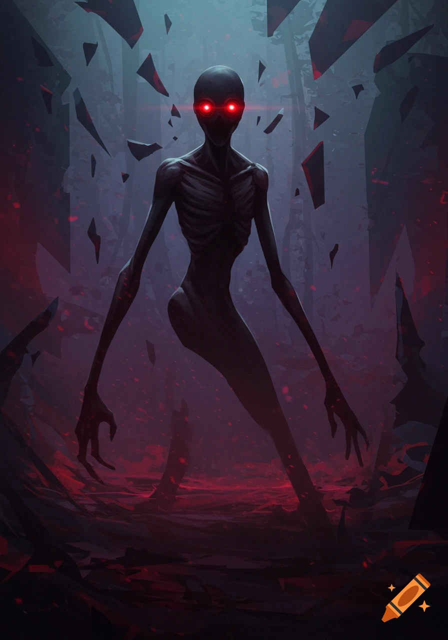 A gaunt, skeletal humanoid figure with glowing red eyes and long limbs stands in a dark, red-lit environment with jagged fragments.