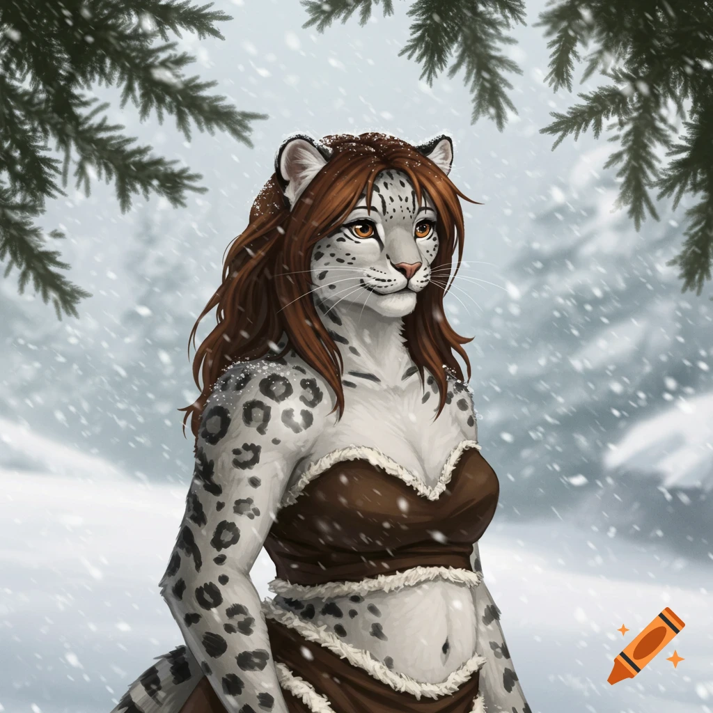 A snow leopard demi-human with brown hair and a furry brown outfit stands in a snowy forest, with pine branches overhead.