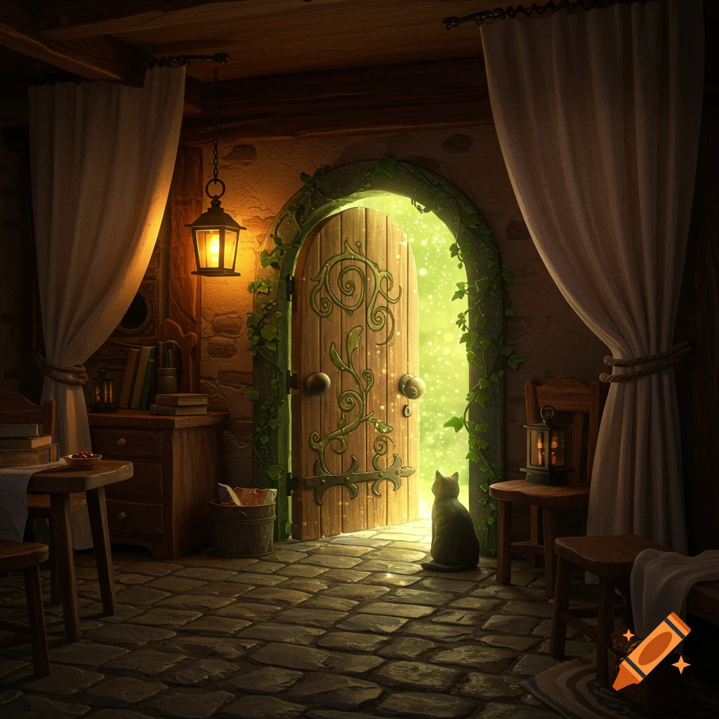 A black cat sits on a stone floor, gazing at a glowing, vine-covered magical wooden door in a cozy, whimsical room.