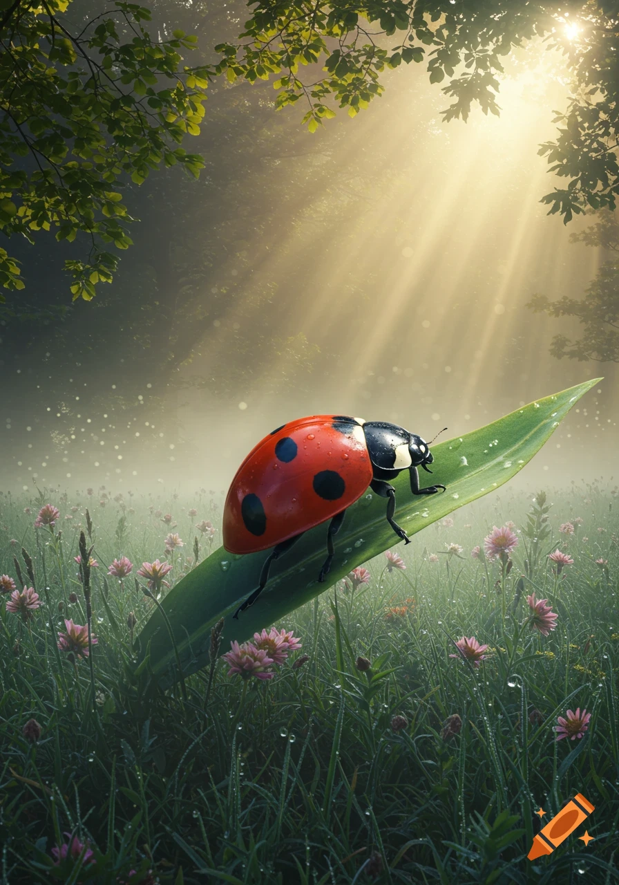 A close-up of a red ladybug with black spots on a green leaf, with dew drops visible on the leaf and surrounding grass and pink flowers in a misty, sunlit meadow.