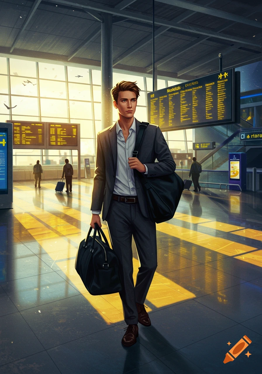 A young man in a suit walks through a bright airport terminal carrying two bags, in a digital art style.