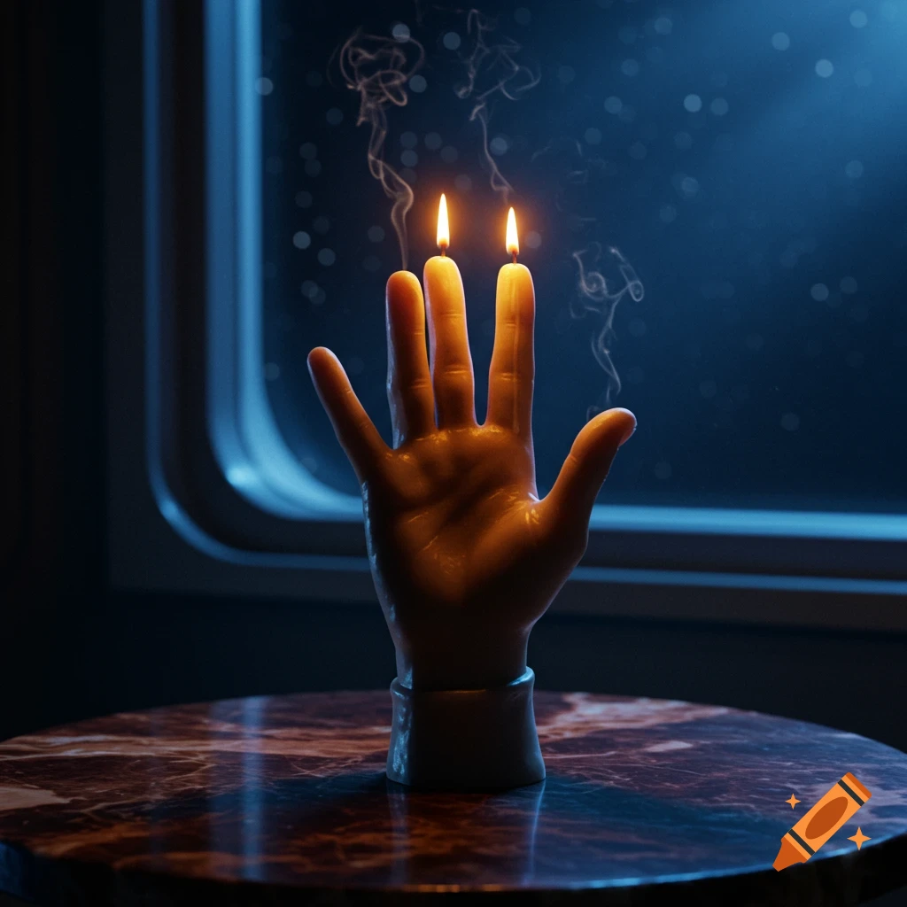 A photorealistic candle shaped like a human hand, with two fingers lit, casting light in a dark room by a window.