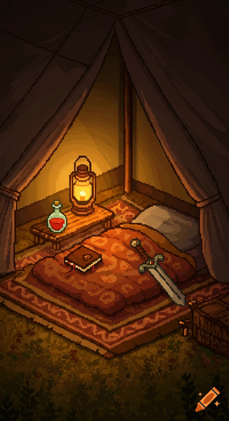 A pixel art interior of a dimly lit adventurer's tent with a bed, sword, book, potion, and glowing lantern.