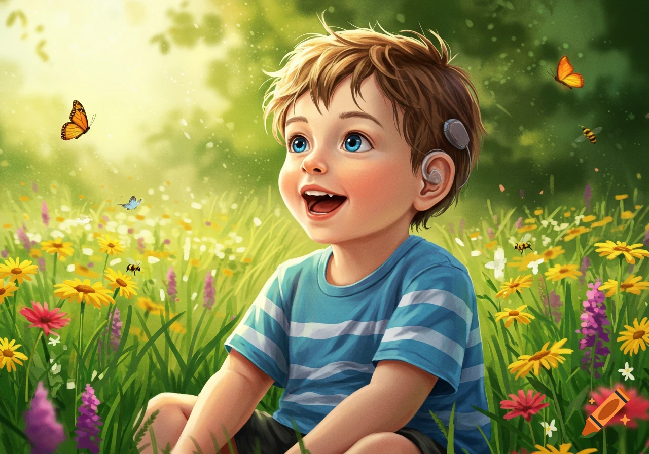 A happy boy with a cochlear implant sits in a vibrant field of colorful wildflowers, surrounded by butterflies and bees, in an illustrative style.