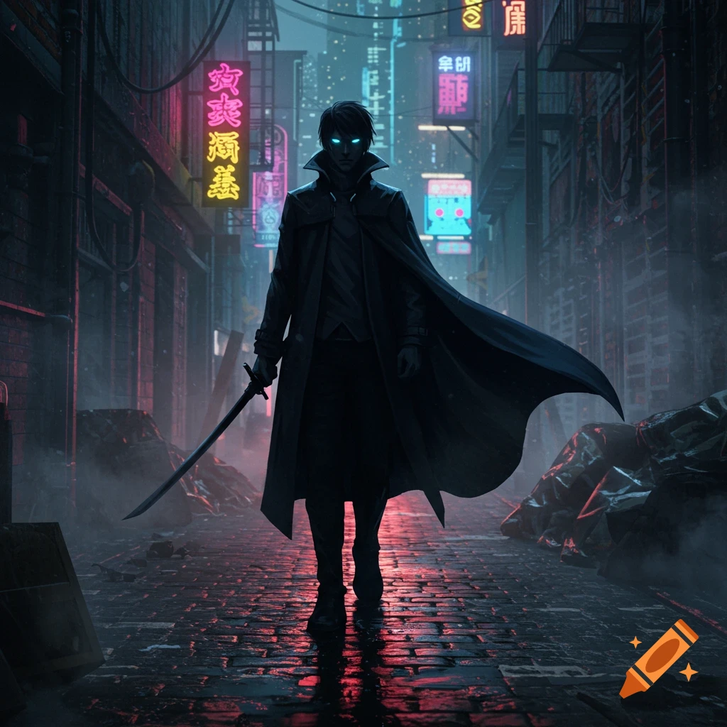 An anime-style dark hero with glowing blue eyes and a sword stands in a neon-lit cyberpunk alley.