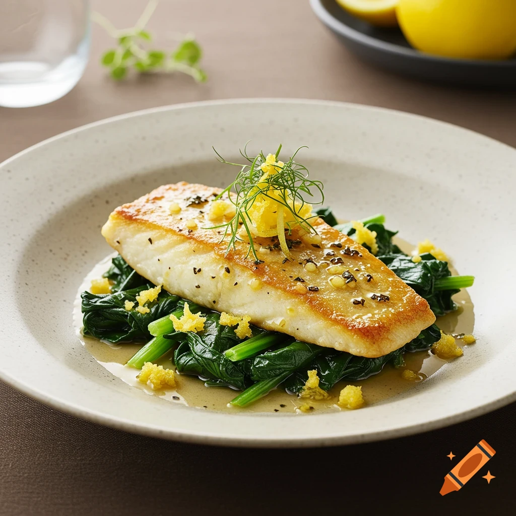 Photorealistic pan-seared fish fillet on spinach with lemon zest and dill on a light plate.