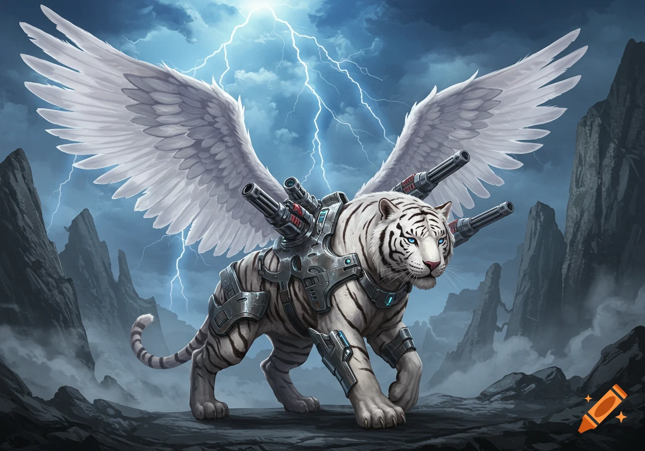 A white tiger with large wings and multiple cannons mounted on its armored back stands in a rocky, stormy landscape with lightning.