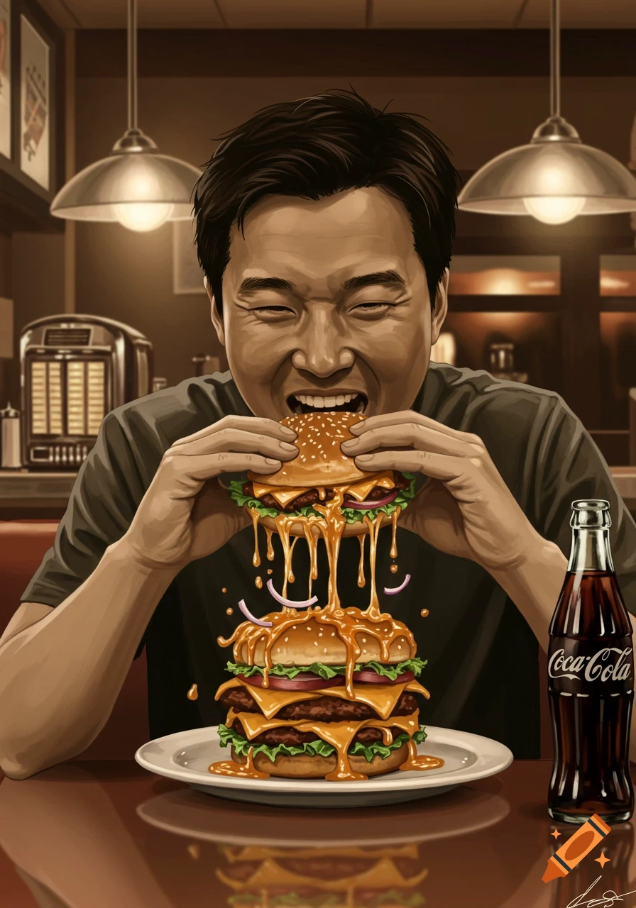 An Asian man joyfully devouring a giant, messy cheeseburger dripping with sauce in a diner, with a Coca-Cola bottle.