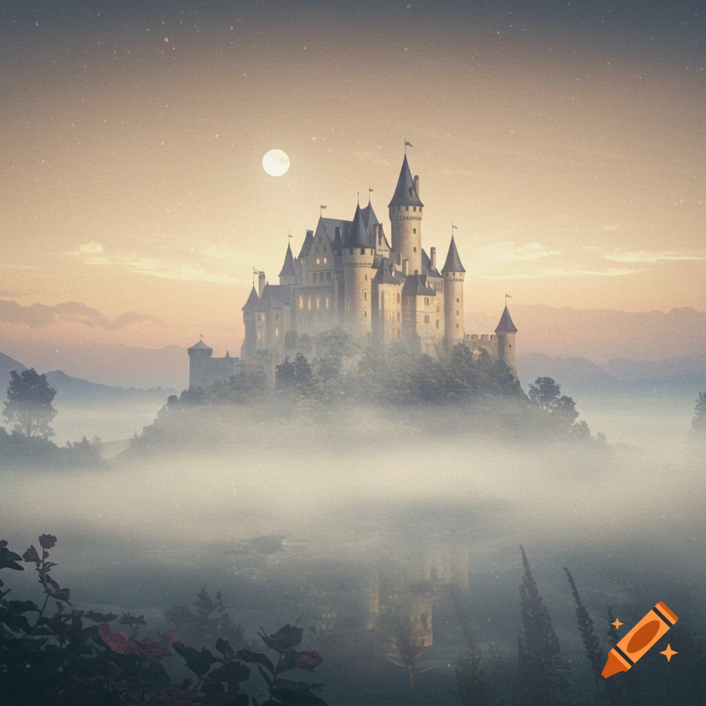 A majestic castle emerges from a veil of mist under a full moon and starry sky, with its reflection in water below.