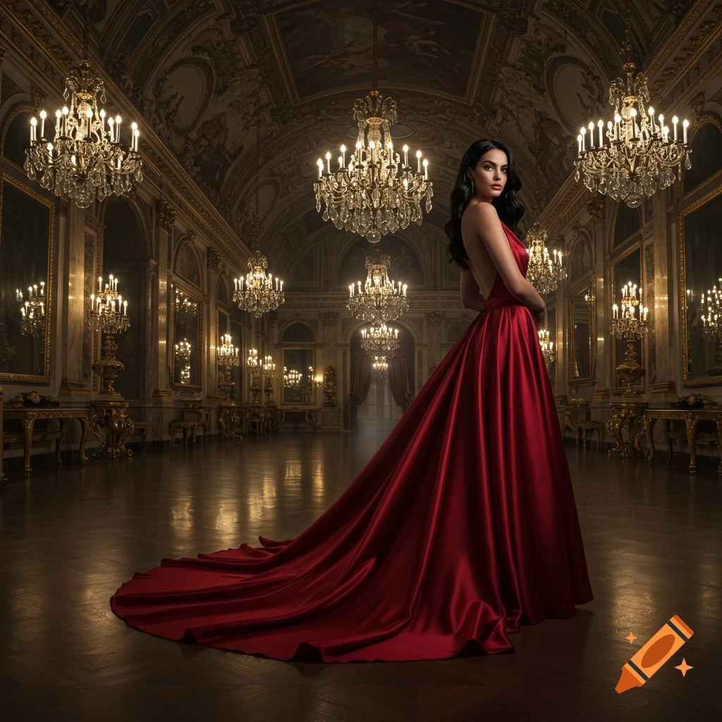 A woman in a flowing red gown poses elegantly in a grand, opulent ballroom with multiple crystal chandeliers.