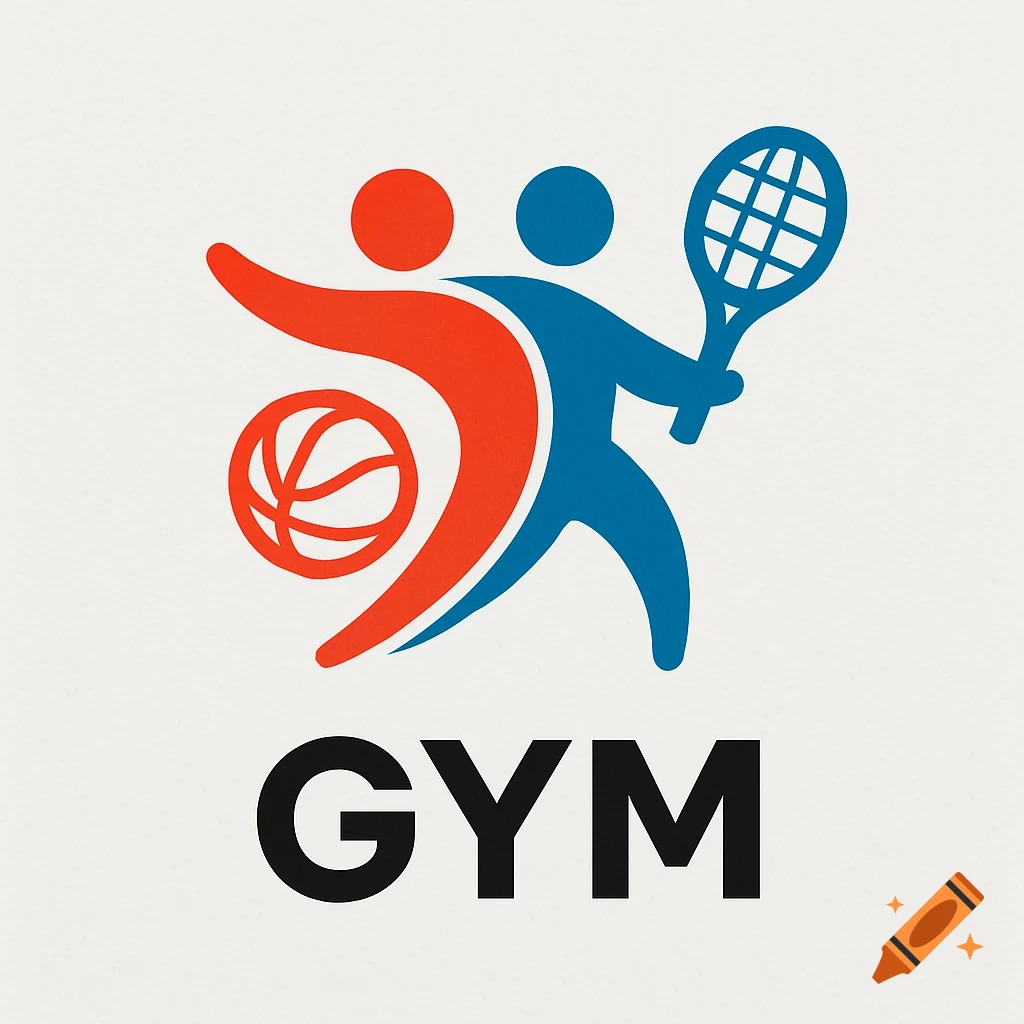 A logo with stylized red and blue figures holding a basketball and a tennis racket, above the word GYM.