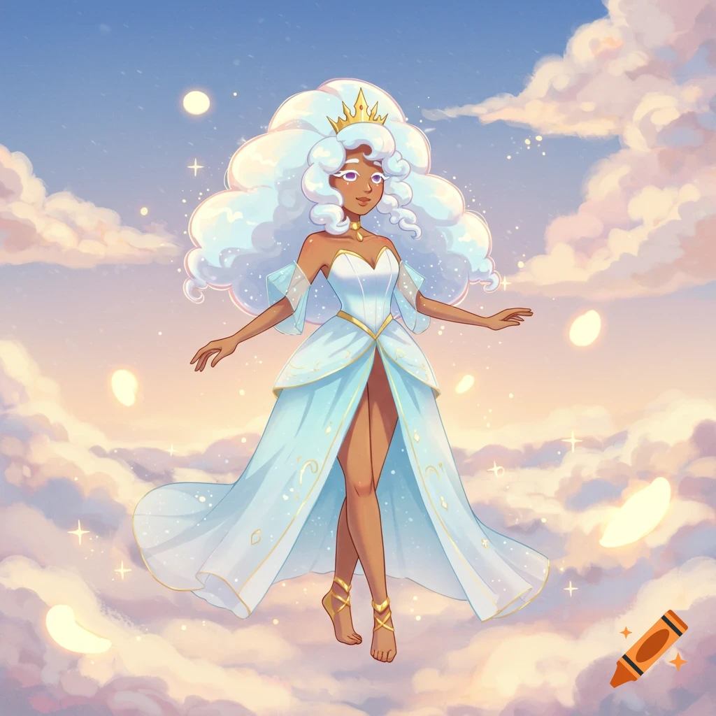 A cartoon goddess with fluffy white cloud-like hair, a crown, and a light blue dress floats in a pastel sky with clouds.