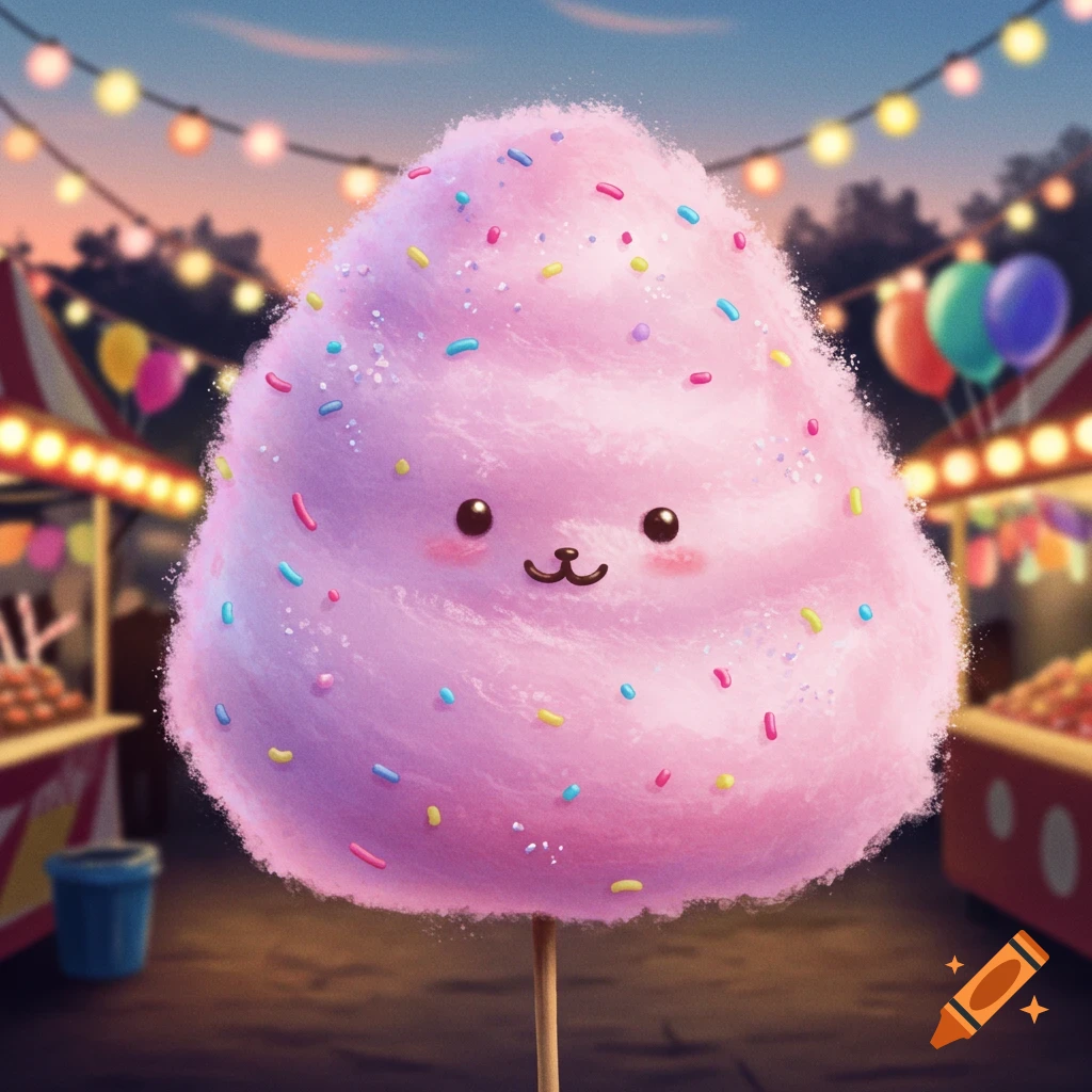 A cute, pink, hedgehog-shaped cotton candy with sprinkles and a happy face at a fairground.