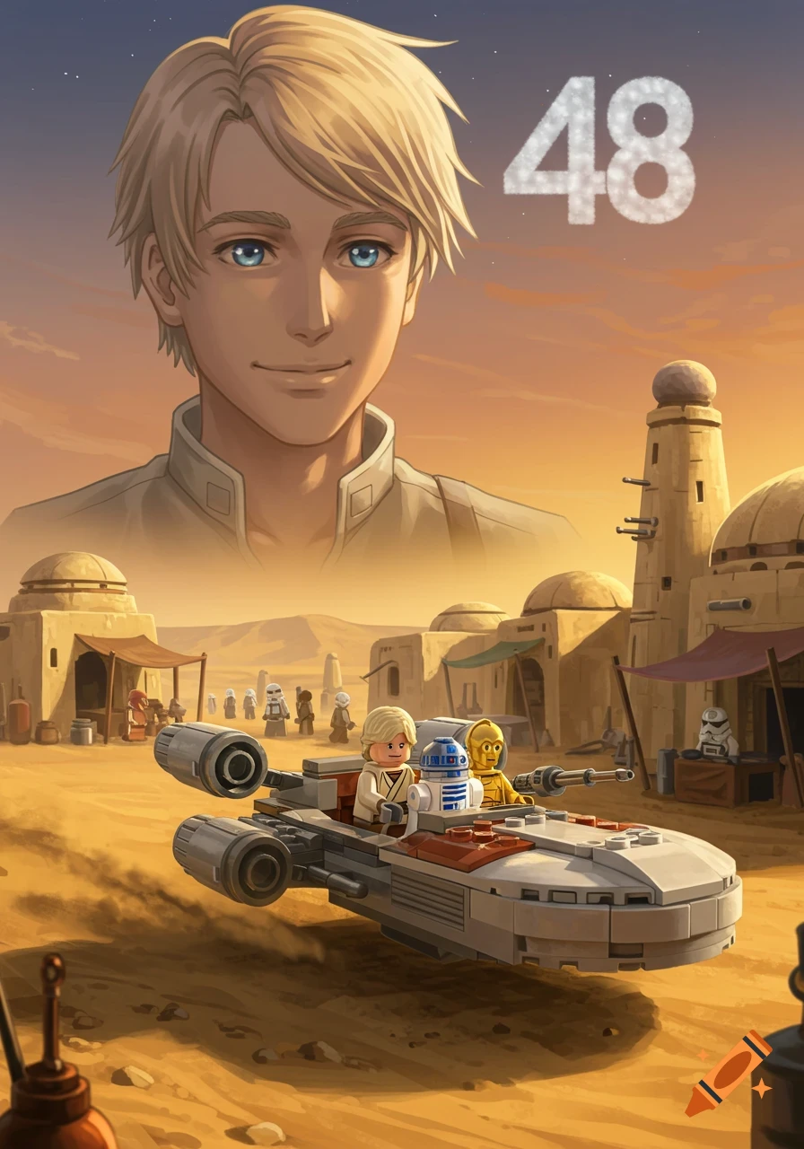 An anime man overlooks a Lego Star Wars desert scene with Luke, R2-D2, and C-3PO in a landspeeder under a '48' cloud.