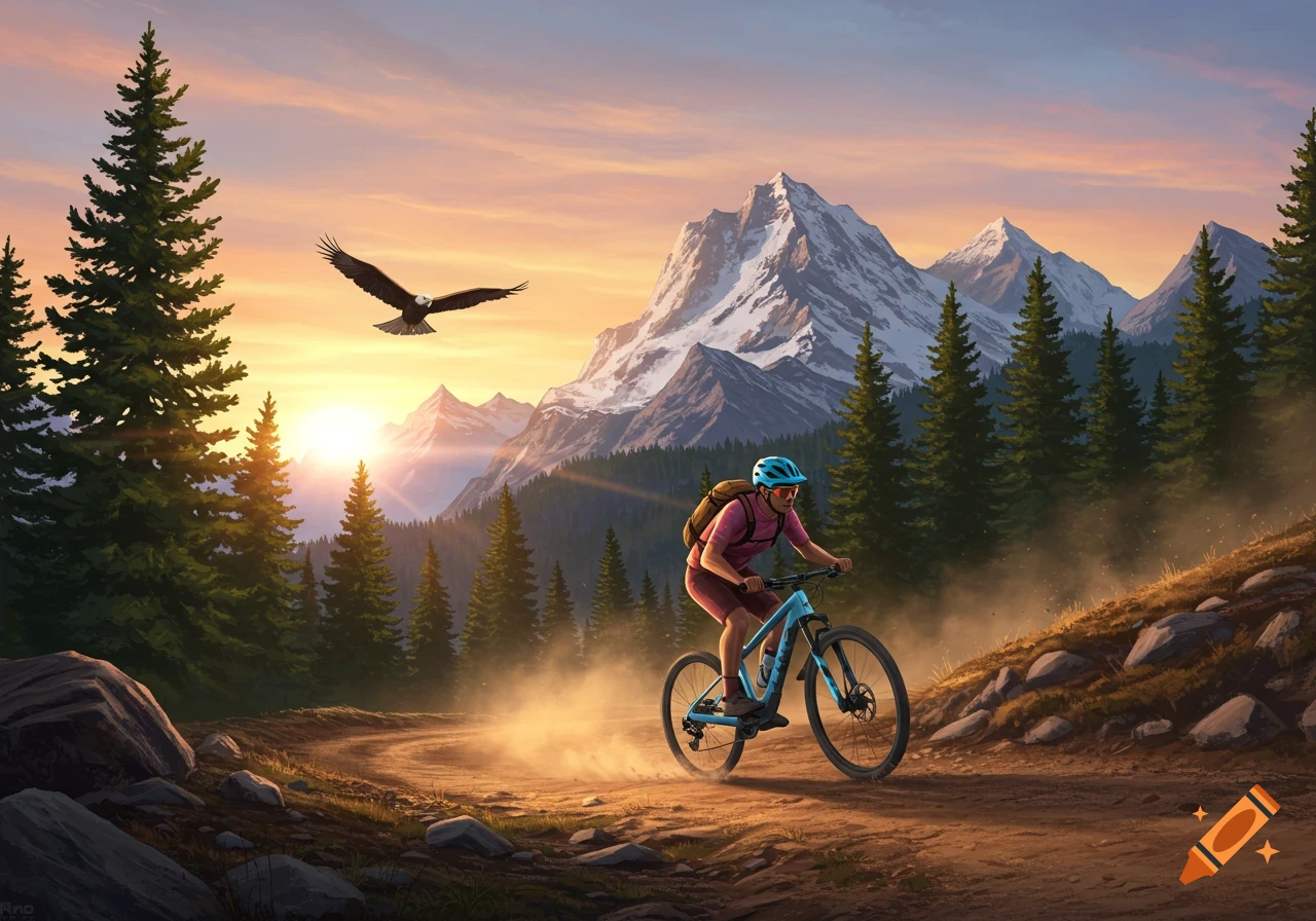 Mountain biker on a dirt trail kicks up dust at sunset, with an eagle flying over snow-capped mountains and pine trees.