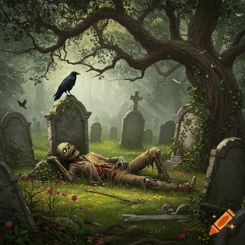A stylized zombie with exposed ribs lies in a flower-filled graveyard, resting against a tombstone with a crow perched on it.
