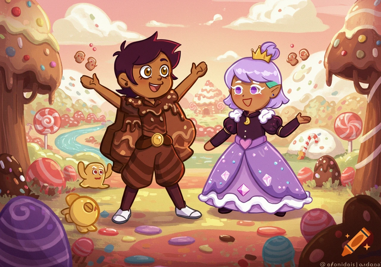 Cartoon characters Luz in chocolate armor and Amity in a purple dress and crown stand in a vibrant candy land.