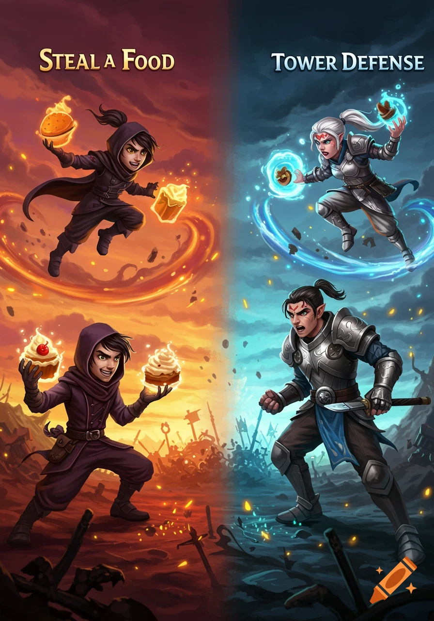 A fantasy illustration split: two hooded figures stealing glowing food on a red side, and two armored warriors defending on a blue side.