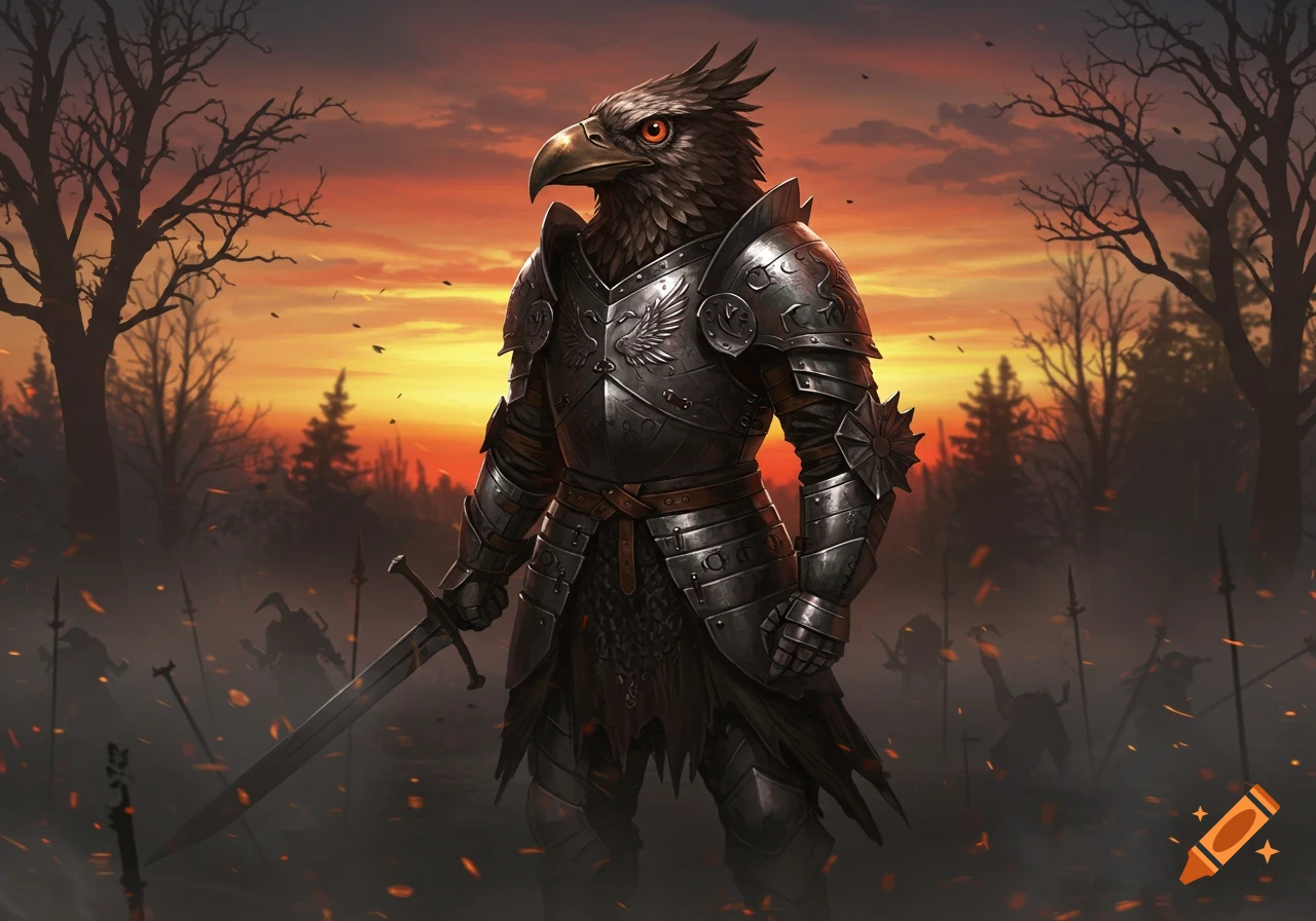 A bird-headed warrior in full plate armor holds a sword on a misty battlefield at sunset, detailed fantasy art.