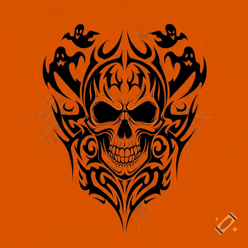 Black neo tribal skull design with ghosts and spiderwebs on an orange background.